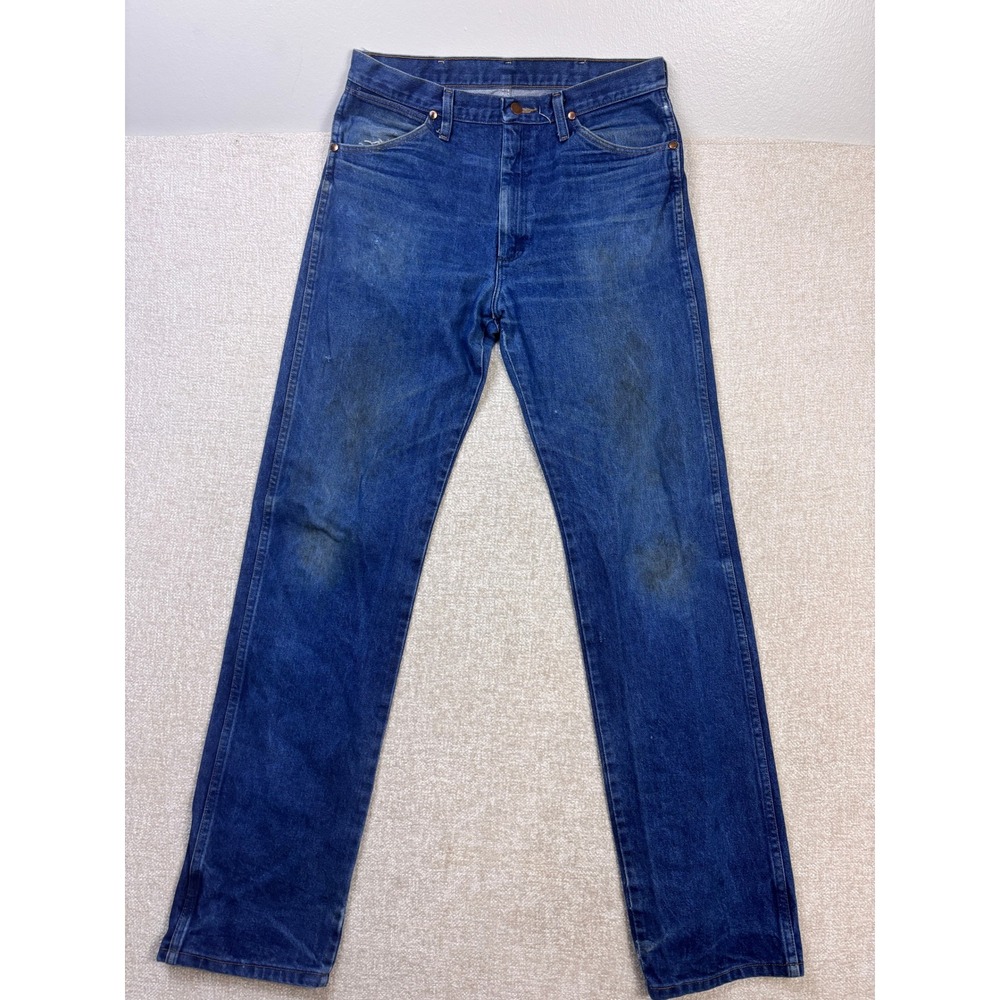 Wrangler Cowboy Cut Mens 34x36 Blue Denim Jeans Distressed Western 13MWZ Indigo